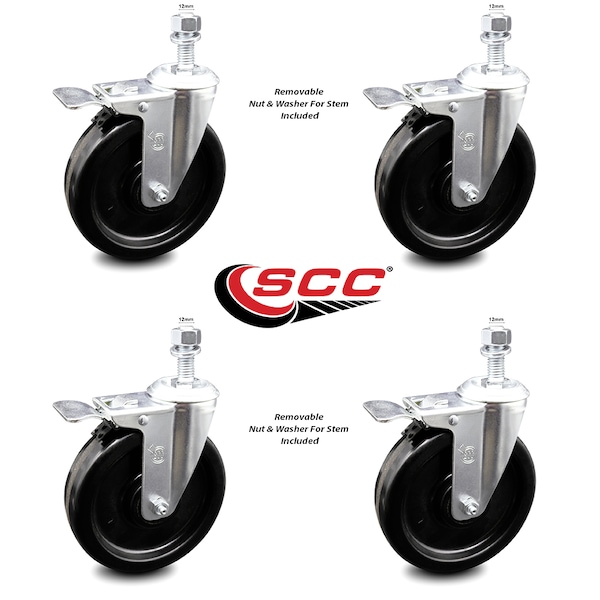 6 Inch Phenolic Swivel 12mm Threaded Stem Caster Set with Total Lock Brake